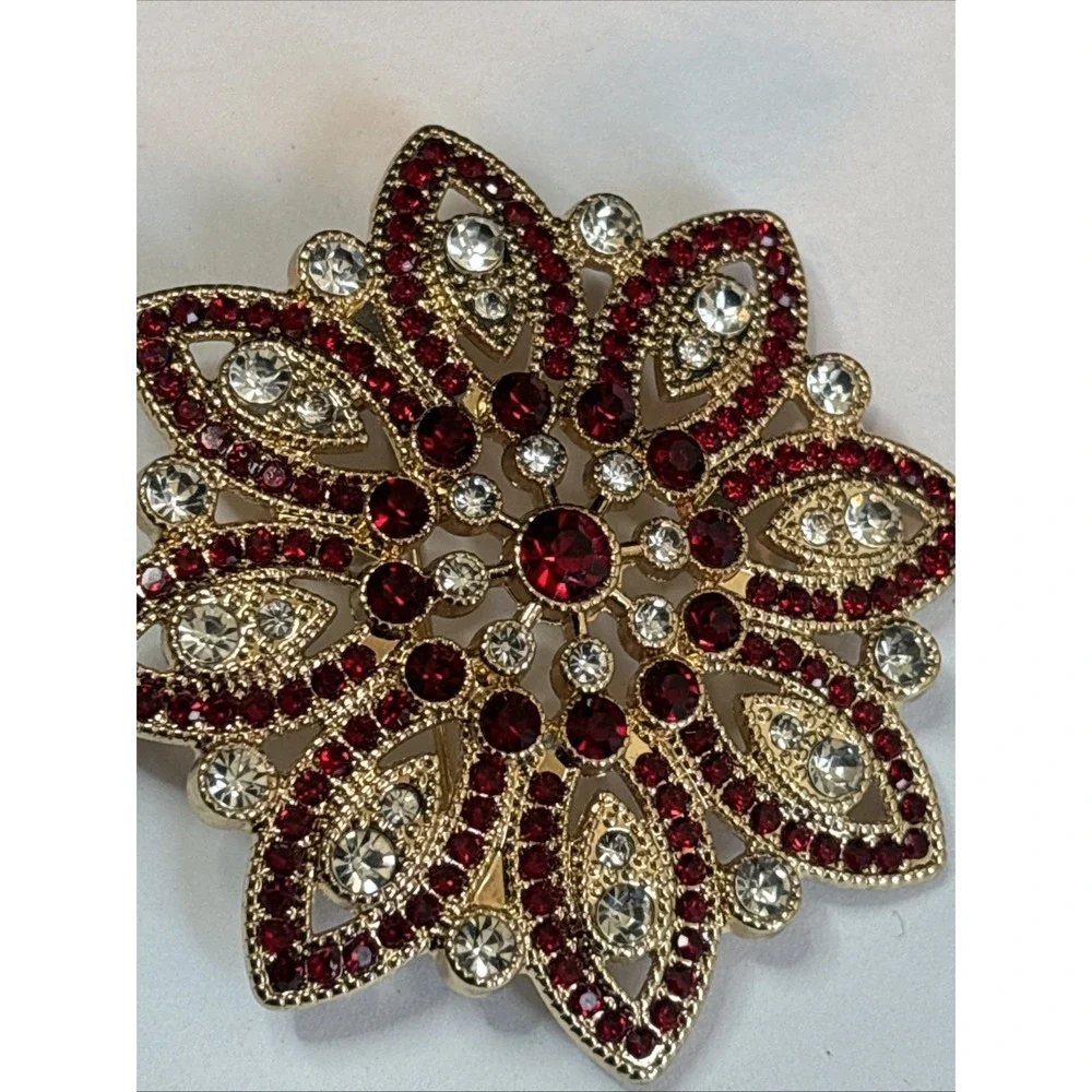 Monet Poinsettia Vintage Red And Clear Rhinestone Floral Print Gold Tone